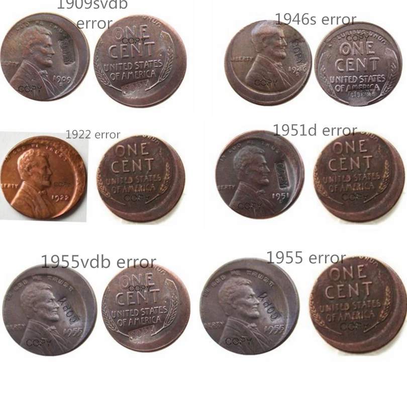 6 различных стилей США Пшеница Пенни ошибка вне центра медь копия монеты