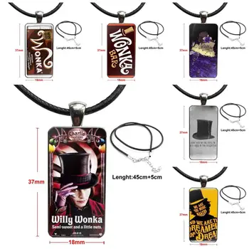 

For Women Kids Gift Glass Cabochon Pendant Necklace Rectangle Fashion Necklace Golden Bar Willy Wonka Chocolate