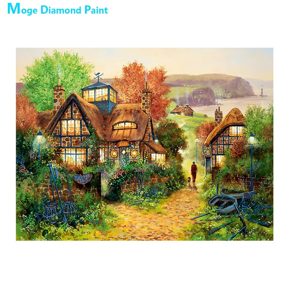 

pastoral rural house scenic Moge Diamond Painting Full Round New DIY sticking drill cross embroidery 5D simple home decorative