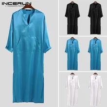 INCERUN, мужские халаты, домашняя одежда, одноцветные, с длинным рукавом, v-образный вырез, искусственный шелк, сатин, пижамы, карманы, уютные, модные, мужские халаты, ночная рубашка, S-5XL