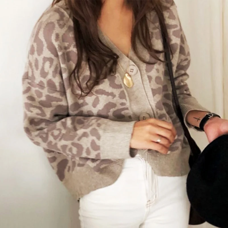 

Autumn Winter Women's Leopard Cardigan Sweater Knitted V Neck Sweaters Cardigans Female 2019 Casual Knitting Outwear Ladies