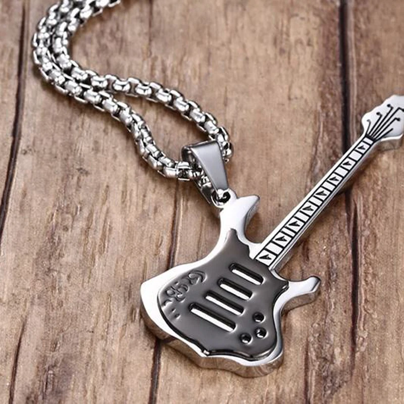 Fashion Men's Unisex Stainless Steel Guitar Pendant Leather Necklace Jewelry New 