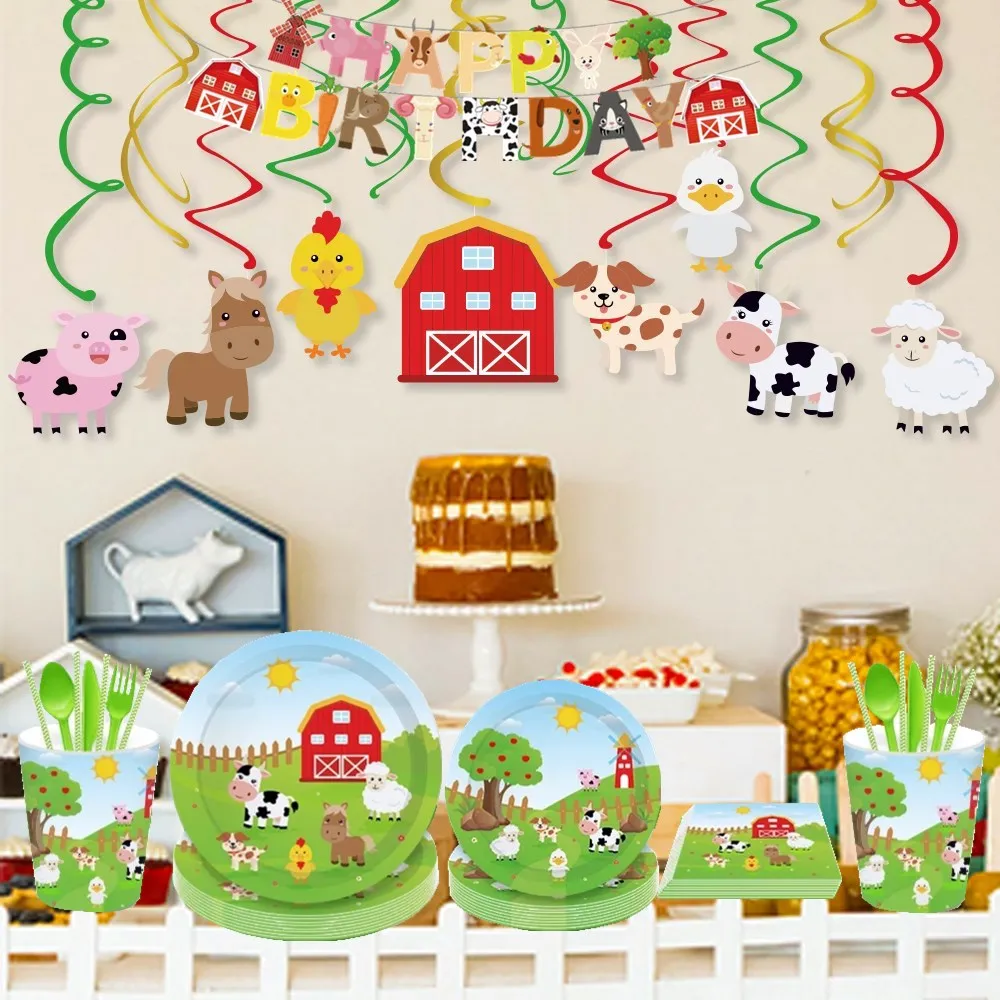 Farm Animals PVC Spiral Hanging Swirls Party Decorations Paper Plate Cup Napkin Cow Pig Cards Kid Birthday Party Favors Supplies