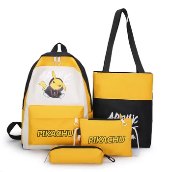

4Pcs Canvas Pokemon School Backpack Women Solid Schoolbag for Teenager Girl Student Book Bag Satchel Pikachu Travel Schoolbag