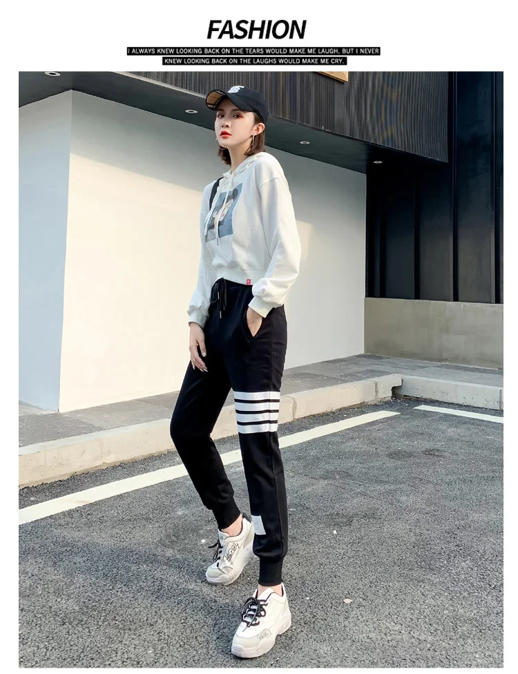 BIVIGAOS Four Bars Cotton Gray Sport Pants Women New Korean Casual Sweatpants Slim Joggers Pants Spring Autumn Sweat Pants