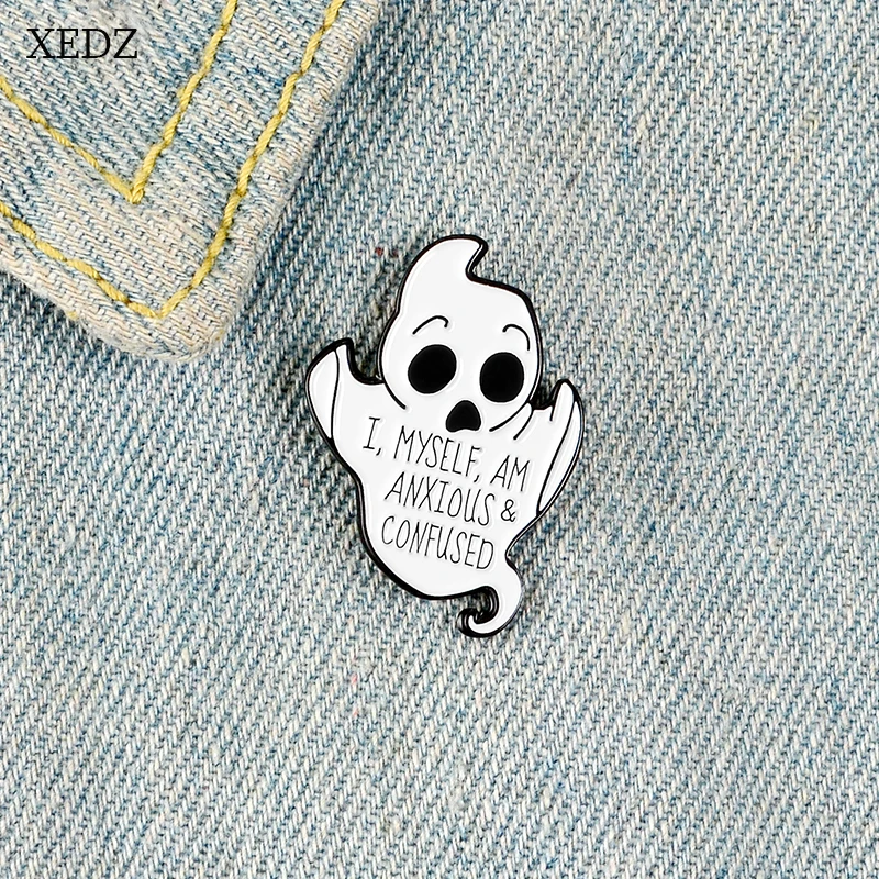 

XEDZ Hot New ghost ghost I, MYSELF, IS ANXIOUS AND CONFUSED fashion personality Halloween horror brooch denim clothes pendant je