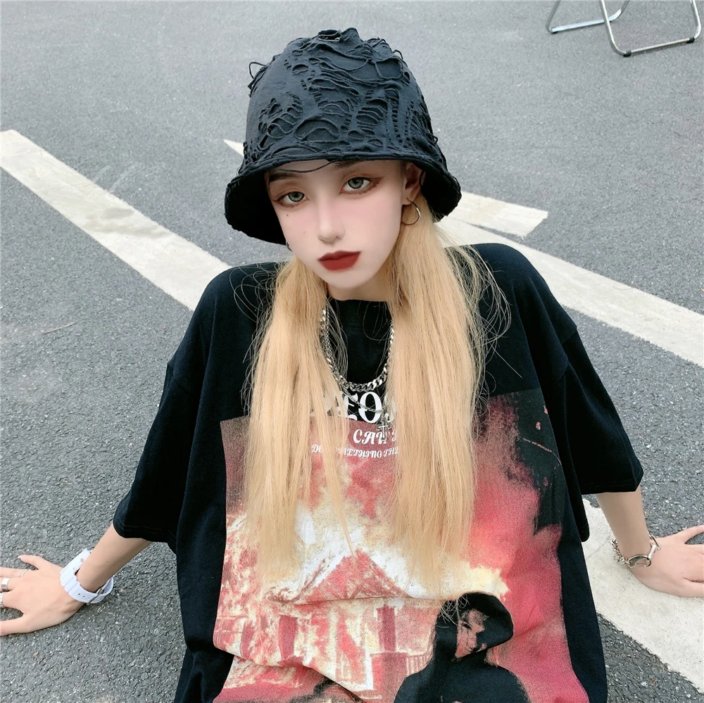 Dark Goth Women Unisex Broken Black Gray Beanies Gothic Girl Harajuku Split Japanese Skullies Korean Fashion Sun-protect Hat