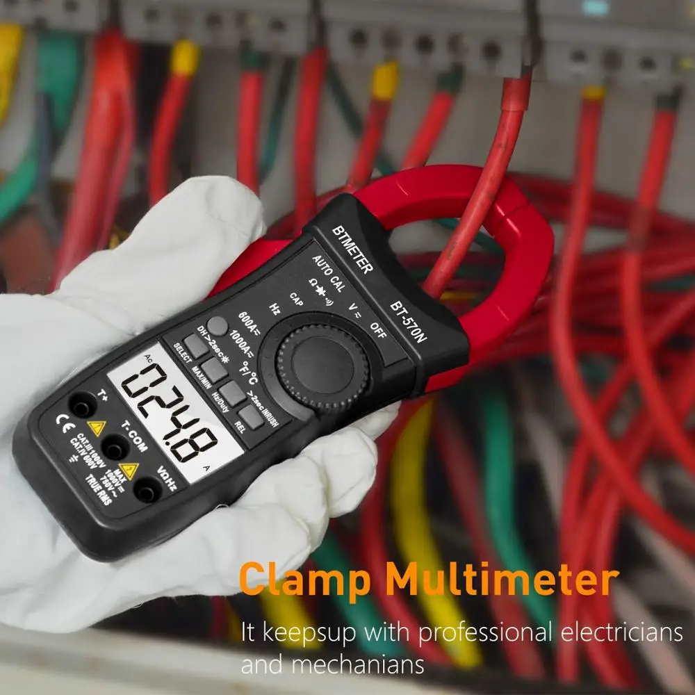 BTMETER-570N True RMS 디지털 클램프 미터, 자동 범위 6000 디스플레이 AC/DC 전류 및 전압 테스터 미터, 돌입 전류 테스트