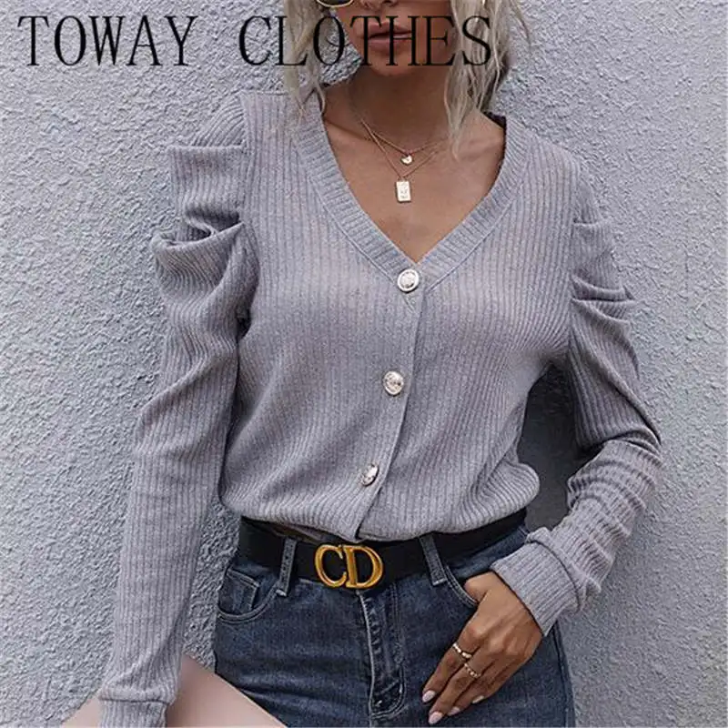 

Button Front Ruched Long Sleeve Sweater Cardigans For Women 2021 V-neck Pockets Female Jumpers Casaul Buttons Women Tops