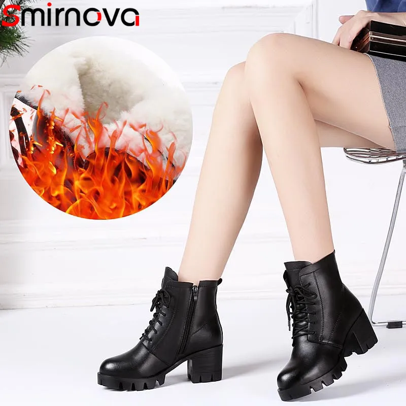 

Smirnova size 35-41 fashion genuine leather winter boots round toe ladies ankle boots square heels wool snow boots women 2020