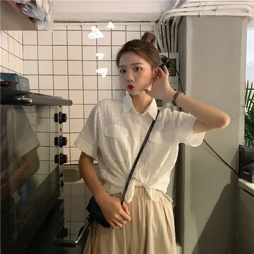 

Simple Solid White Pocket Basic Special Cute Short Sleeve Turn Down Collars Hit 2019 Autunm Female Women Short Sleeve Shirts