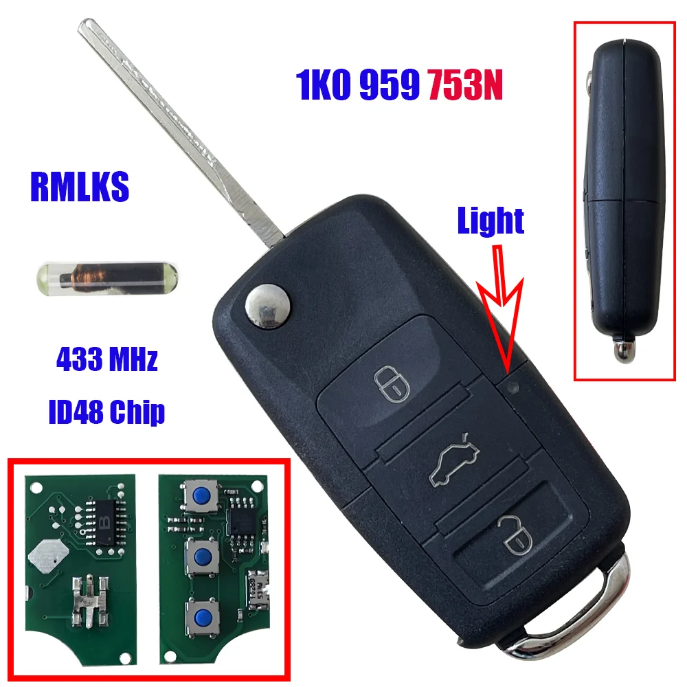 1K0 959 753 N 1K0 959 753N 1K0959753N 3 Button 434MHz ID48 Chip Flip Remote Car Key Fob for VW Eos Golf Jetta Polo Touran