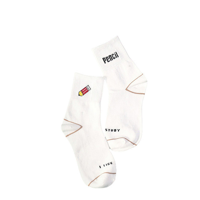 Kawaii Milk Banana Dinosaur Pencil Rocket Cartoon Socks Novelty Illustration Letter White Cute Cotton Sokke Dropship