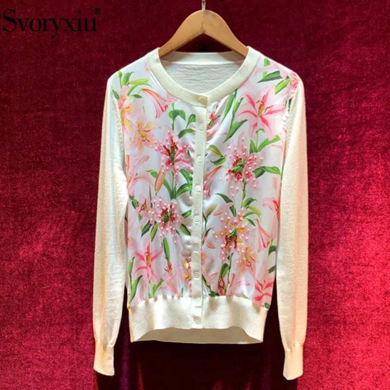 

Svoryxiu lily Flower Print Patchwork Wool Sweater Cardigan Women's Runway Autumn Winter Long Sleeve Thin Knitting Coat Jumper