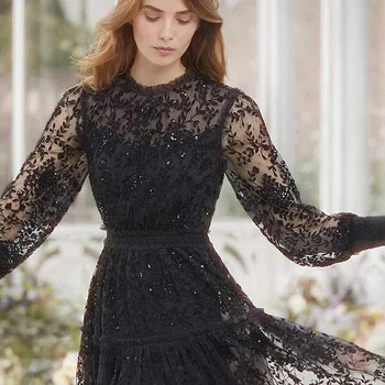 

Runway High Quality Summer 2020 New Women'S Party Casual Elegant Chic Gentlewoman Mesh Embroidery Sequined Black Fashion Dress