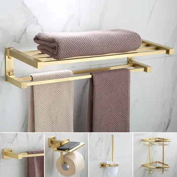 

Bathroom Accessories Set Aluminum Brushed Gold Towel Rack Toilet Brush Holder Bathroom Shelf Paper Rack Robe Hook Bath Hardware