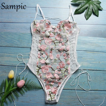 

Sampic sexy floral mesh strap lace bodysuit women backless pink black body tops summer bodycon transparent romper jumpsuit 2020