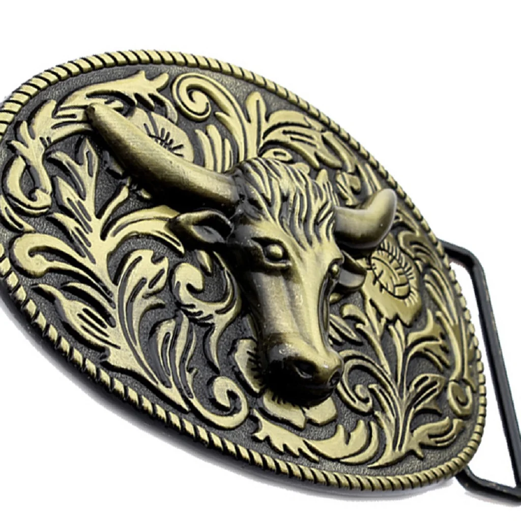 Arabesque Cow Bull Vintage Longhorn Buffalo Head Men' S Leather Belt Buckle Metal Cowboy 9.0 x 7.0cm