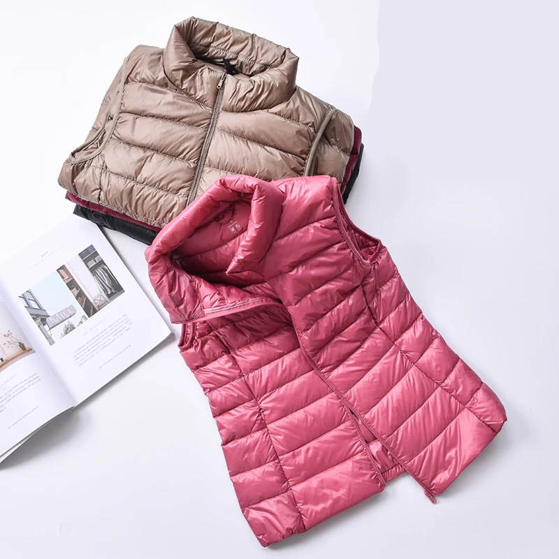 2020 las nuevas mujeres 90% pato blanco abajo chaleco Chaleco de las mujeres Ultra luz pato abajo chaqueta de chaleco de otoño e invierno de cuello alto sin mangas abrigo