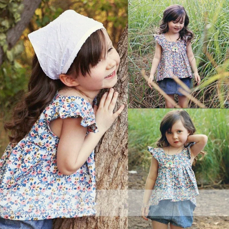 

2Pcs Girls Summer Kids Beautiful Floral Flower Sleeveless Children Strap T-shirt Tops+Denim Shorts Suits With Belt Clothes