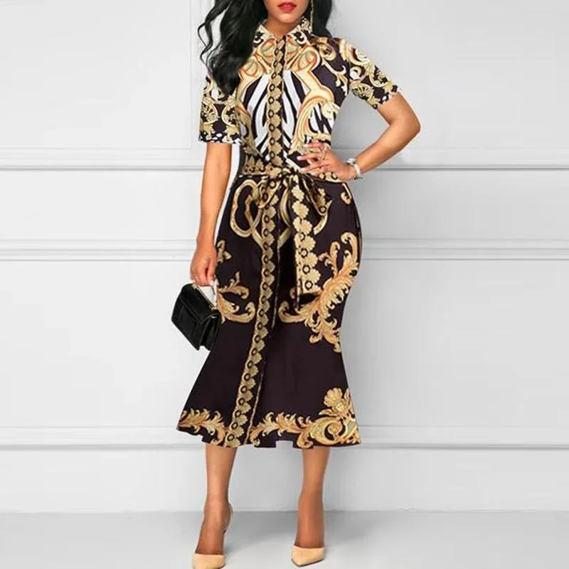 

African Women Dress Short Sleeve Print Vintage African Dress Sexy Fishtail Long Dress Temperament Print Ladies Dresses Autumn Wi
