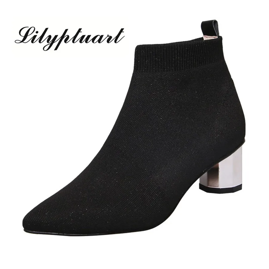 

2019 European and American style knitted wool material elastic booties pointed thick with beef tendon soles winter boots women