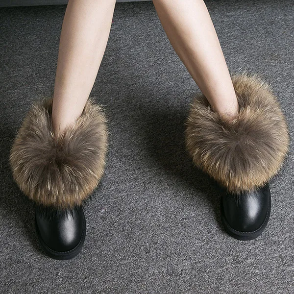 Женские ботинки из натуральной кожи; брендовая зимняя обувь с натуральным лисьим мехом; Теплые повседневные ботильоны с круглым носком; женские зимние ботинки из плотного бархата - Цвет: Light Black