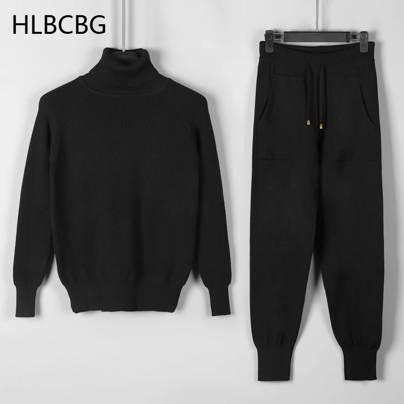 HLBCBG Two Piece Set Women Knit Sport Suits Thick Warm Turtleneck Women Sweater + Drawstring Harem Pants Winter Jogging Outfits pant suit for wedding guest