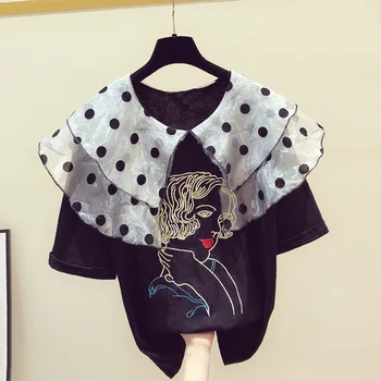 

2020 Summer New Sweet Polka Dot Eugen Mesh Doll Collar T-shirt Women's Loose-Fit Embroidered Beauty Short-Sleeve Top Tshirt Girl