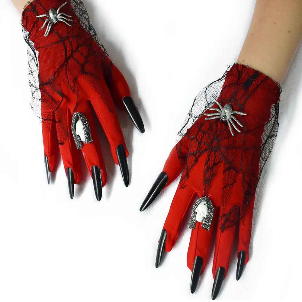 Red Gothic Women Halloween Glove 2021 Novelty Lady Spider Skull Accessory Lace Wrist Length Cool Hipster Satin Gloves Scare Prop