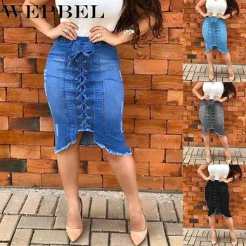 

WEPBEL Women's Denim Skirt Fashion Washed Panel Fashion Lace-Up High Waist Torn Bodycon Street Style Denim Skirt