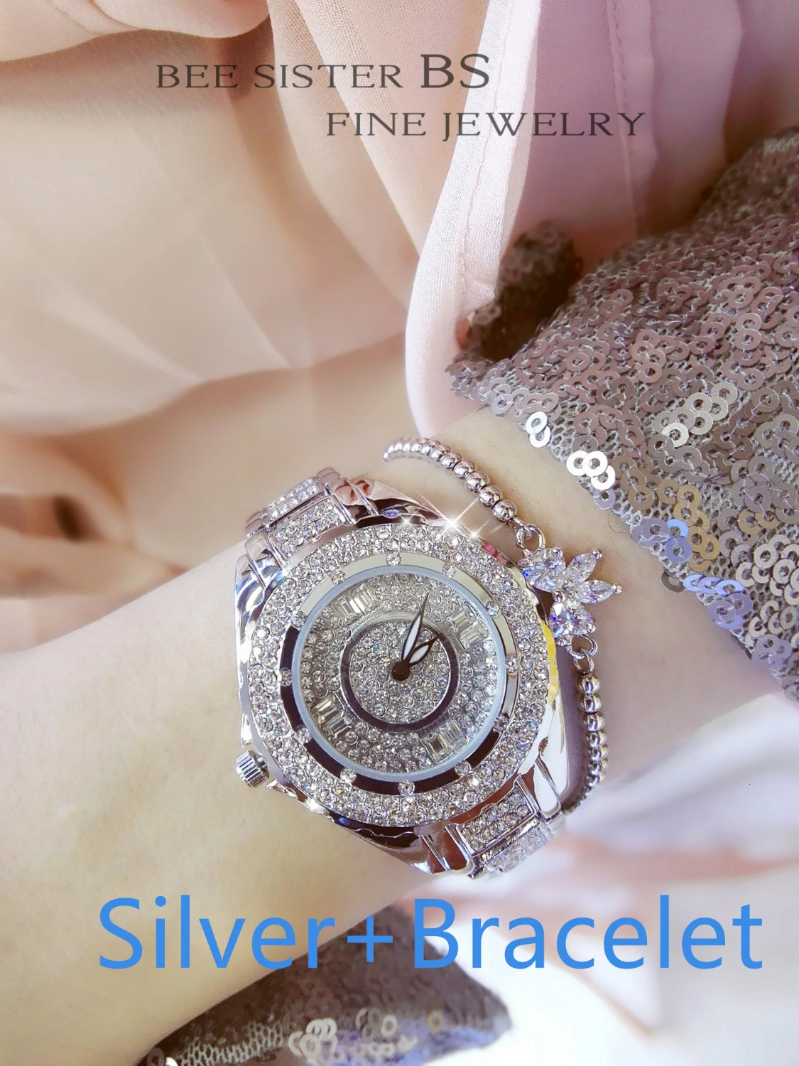 Популярные женские часы, стразы, кварцевые часы, роскошные женские большие наручные часы, браслет, женские часы, relogios feminino - Цвет: silver bracelet
