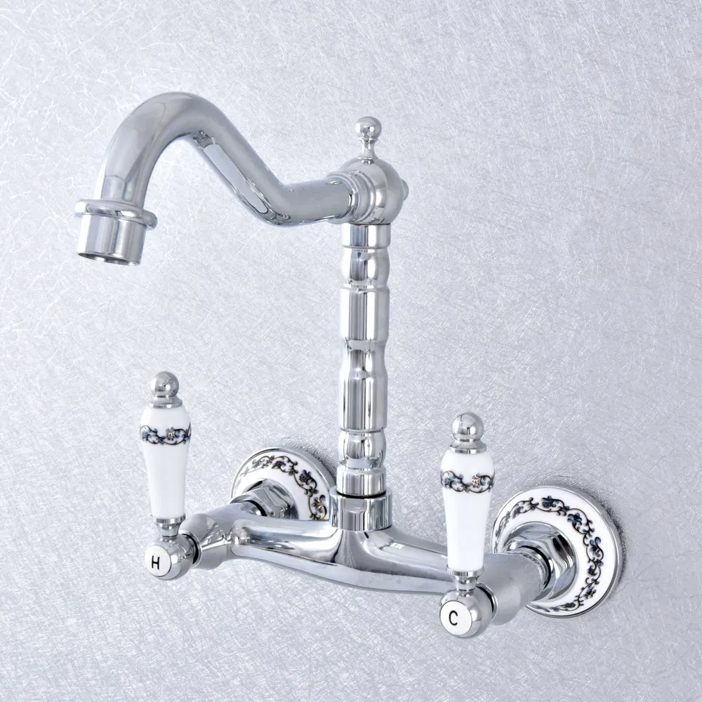 Silver Polished Chrome Brass Ceramic Base Wall Mounted Dual Ceramic Lever Kitchen Bathroom Vessel Sink Faucet Mixer Taps asf769