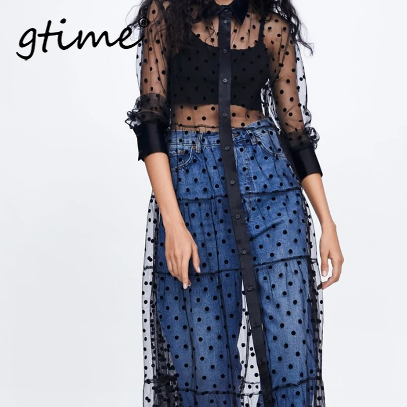 

Dropshipping Women Stylish Polka Dot Patchwork Transparent midi shirt dress long sleeve female chic sexy mesh Dresses GD017