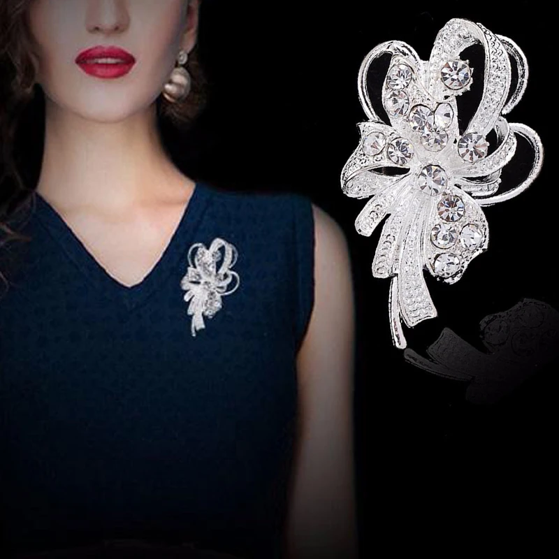 Bow-Brooch Jewelry Corsage-Accessories Wedding-Pin Rhinestone Large Fashion Women Simple