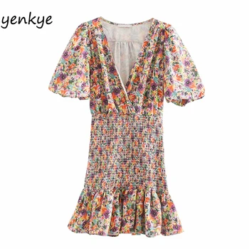 

Vintage Floral Print Dress Women V Neck Lantern Sleeve Hem Ruffle Elastic Dress Modern Lady Summer Mini Party Dresses vestido