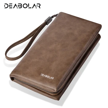 

DEABOLAR 2019 New Retro Male Wallet Drawstring Zipper Long Purse Big Capacity Soft Leather Hand Clutch Bag with Strap for Men