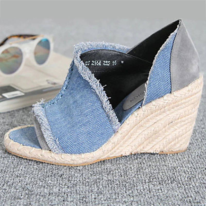 Джинсовые сандалии Обувь на танкетке Женская летняя обувь высоком каблуке 7 см