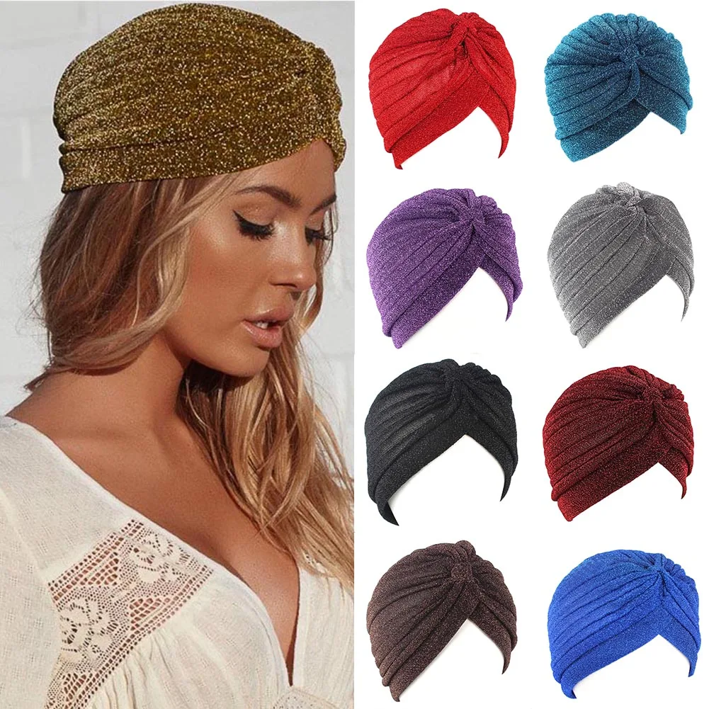 

New Bling Gold Silk Headband For Women Knot Twist Turban Cap Warm Stretch Knitted Headscarf Indian Hat Muslim Headpiece Bandanas