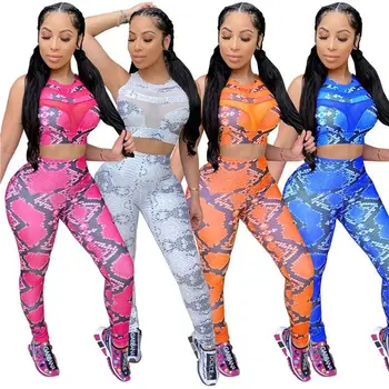 

Stylish snakeskin print mesh splice top And Pants Sexy skinny 2 Pcs Track Suit Outfits Two Piece Set Women Clothing tracksuit
