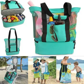 

2in1 Lunch Bag Handheld Cooler Picnic Bag Mesh Beach Tote Bag Food Drink Storage Women Lady Solid Canvas Summer Beach Bag