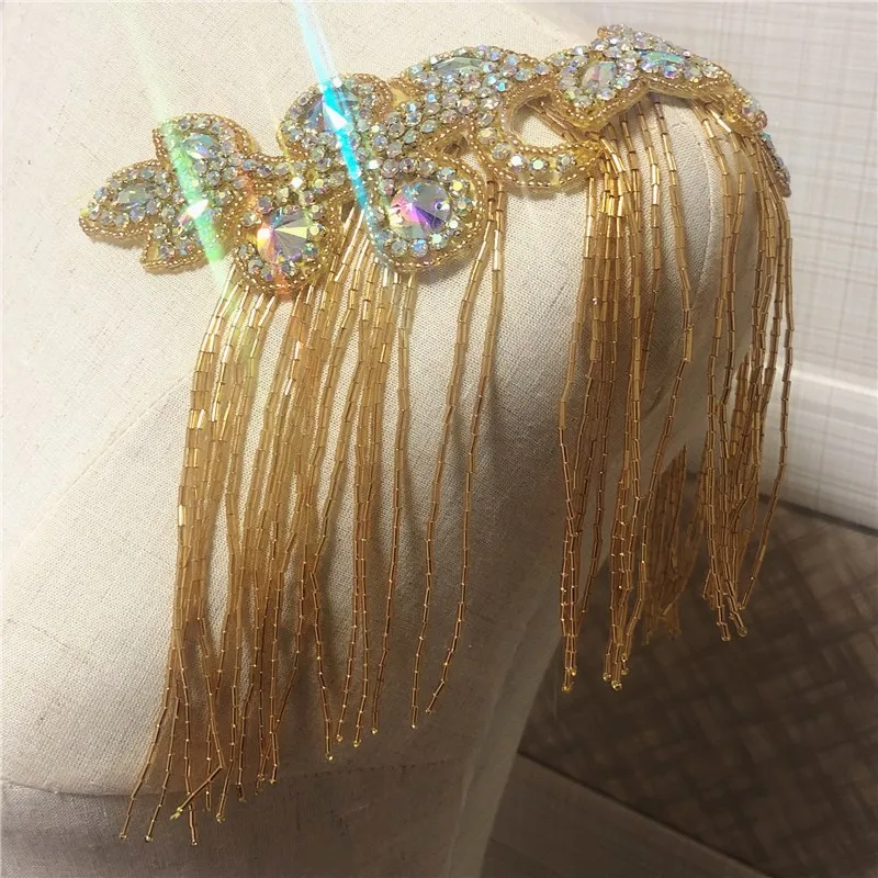 2pcs Details of wedding party rhinestone crystal shoulder pad applique with fringe | Дом и сад