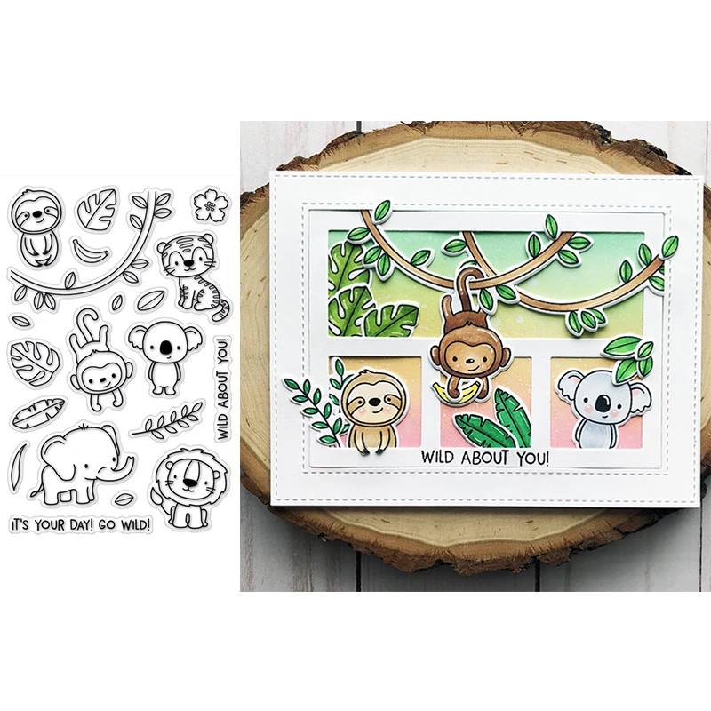 

Happy Monkey Elephant Tiger Lion Graceful Plants Words Transparent Clear Stamps For DIY Scrapbooking Cards Crafts 2019