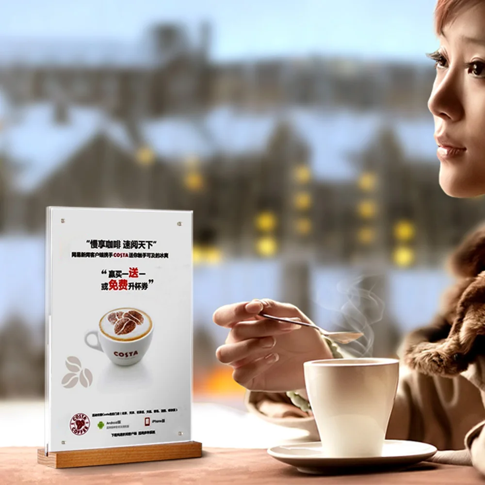 A4_A5_A6_LOGO_Custom_T_Shape_Desk_Acrylic_Sign_Holder_With_Wood_Base_On_Tabletop_Countertop_Standing