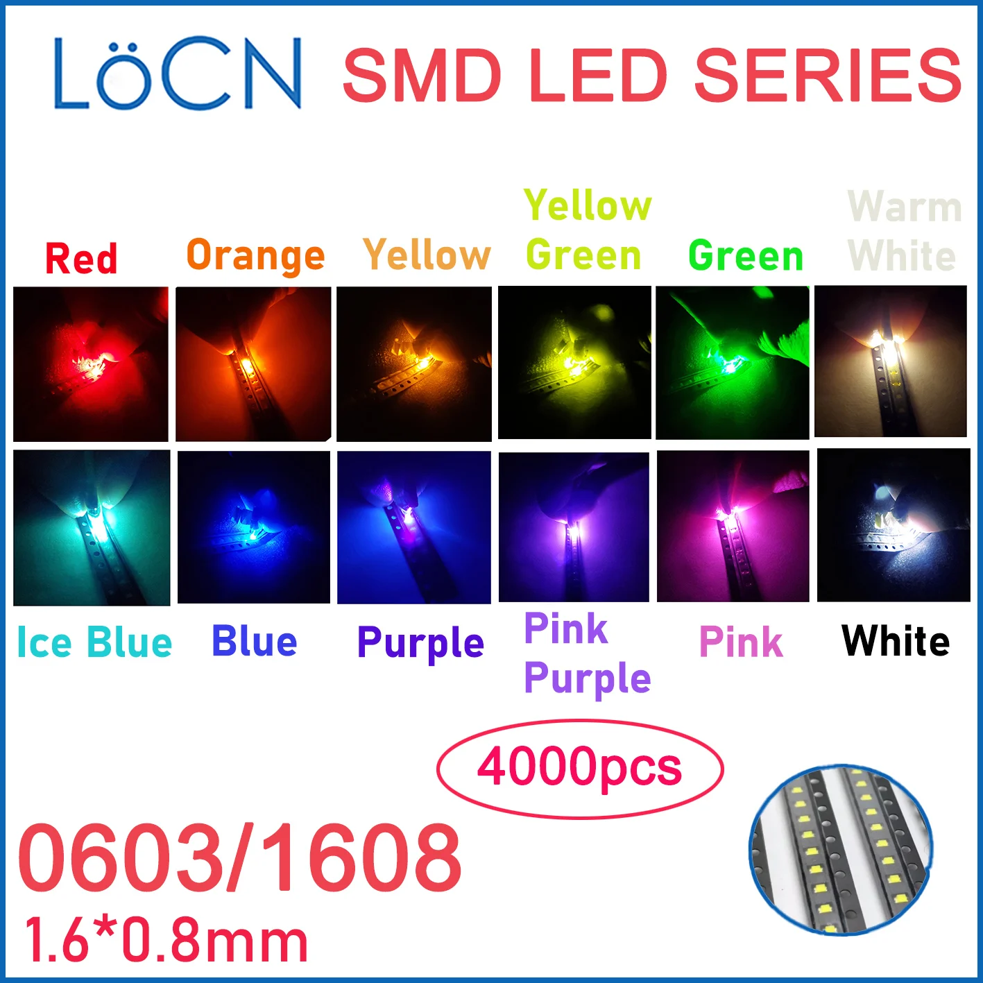 4000Pcs Smd Led 0603 1608 Rosso Bianco Rosa Viola Blu Giallo Verde Rosso Arancione Alta Luce Ghiaccio Caldo Bianco Giada Verde Puro Chiaro