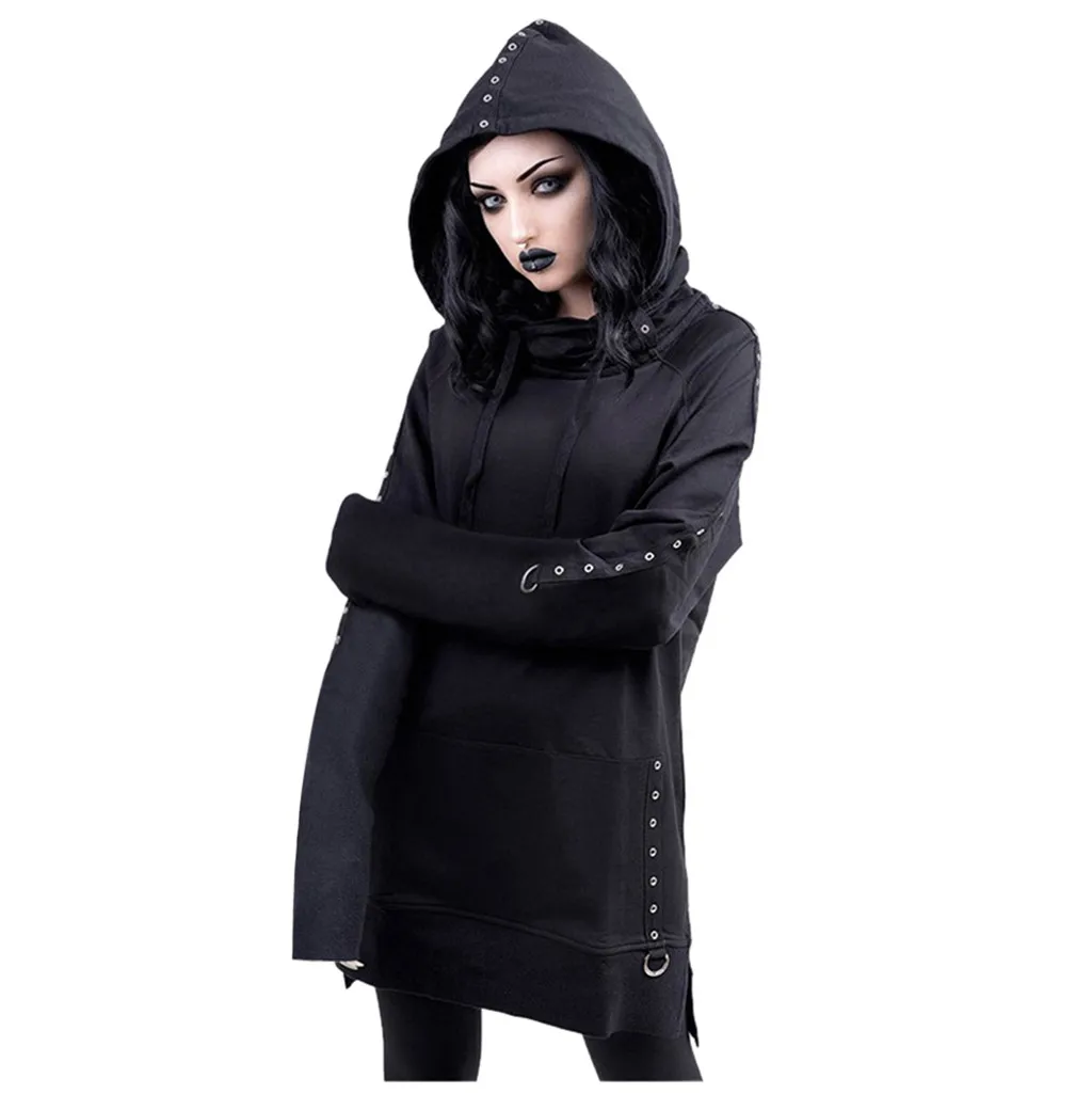 

JAYCOSIN Fashion Women Casual Simple Gothic Punk Black Retro Sweatshirt Long Sleeve Comfortable Soft Hoodie Tops Blouse
