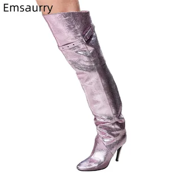 

Bling Walking Boots Women Over The Knee High Stiletto Heel T-show Bottes Round Toe Belt Buckle Botas 2020 Fashion Boots Woman