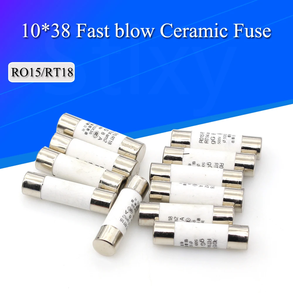 

20Pcs 10*38 Fast blow Ceramic Fuse 10x38mm Fuse 380V 500V 0.5A 1A 2A 3A 4A 5A 6A 8A 10A 16A 20A 25A 32A 40A RO15 RT18 RT14