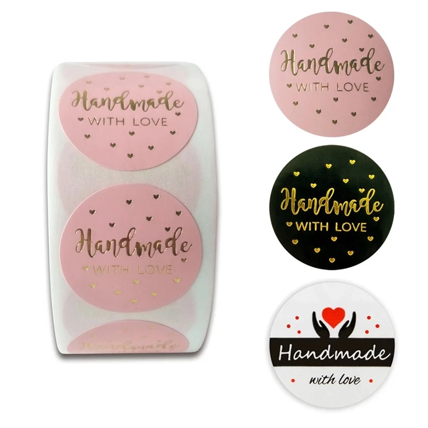 Round 25mm &quotHandmade With Love&quot Kraft Paper Stickers Adhesive Labels Baking wedding decoration birthday party Sealing Sticker | Дом и