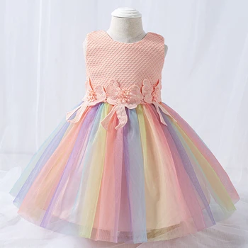 

2020 Newborn Rainbow Lace Infant 1st Birthday Dress For Baby Girl Clothes Applique Dress Princess Dresses Party Clothing Clothes
